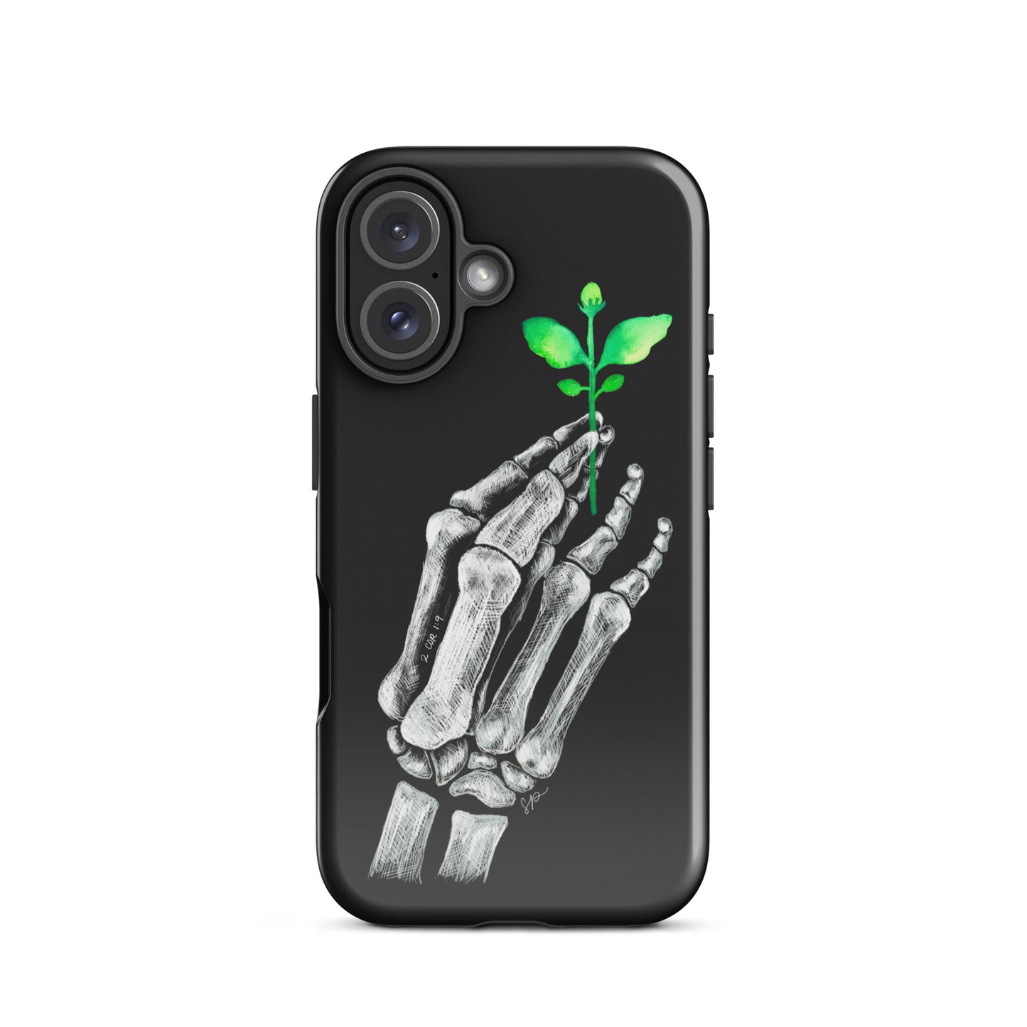 Back image of black background phone case with white skeleton hand holding a green plant.