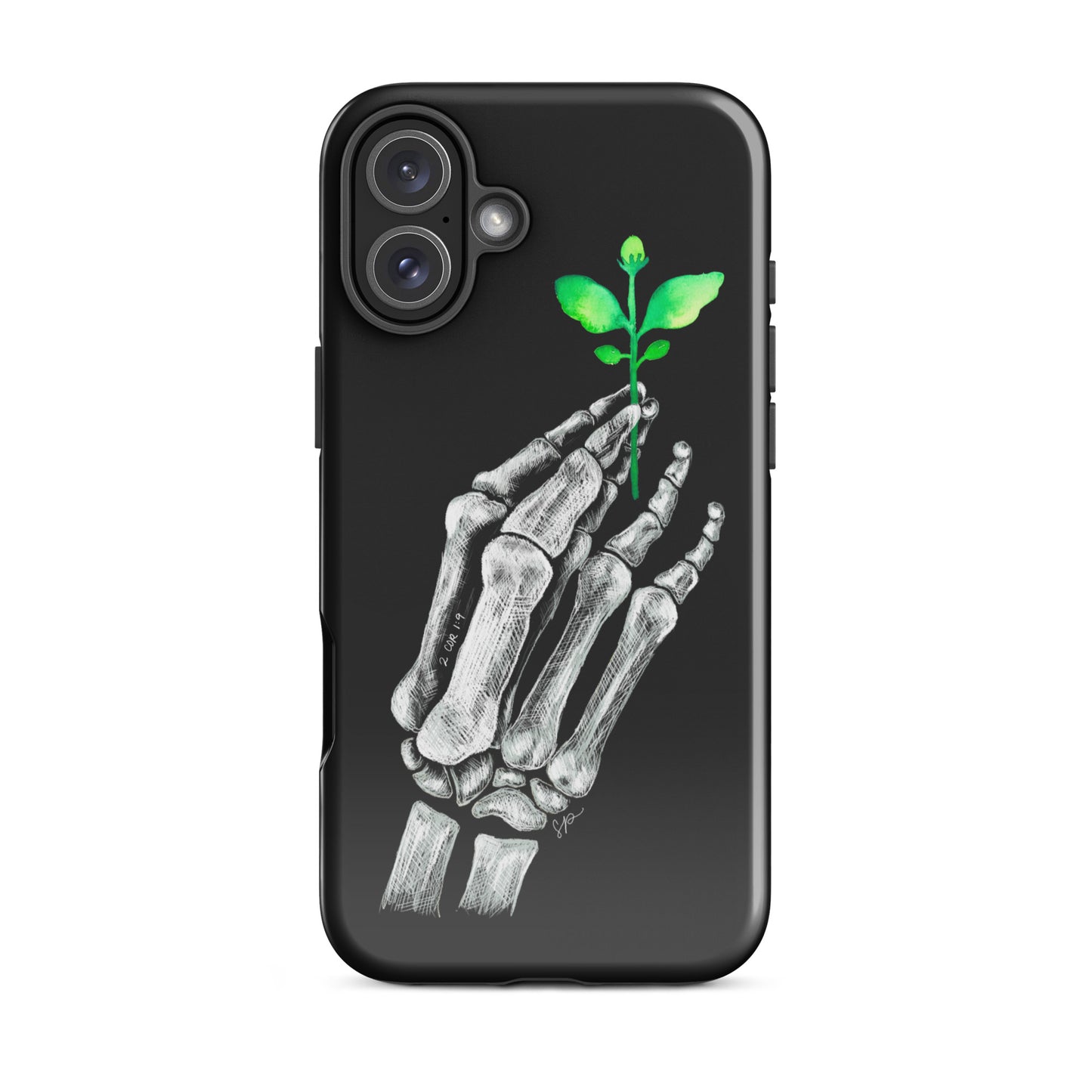 Back image of black background phone case with white skeleton hand holding a green plant.