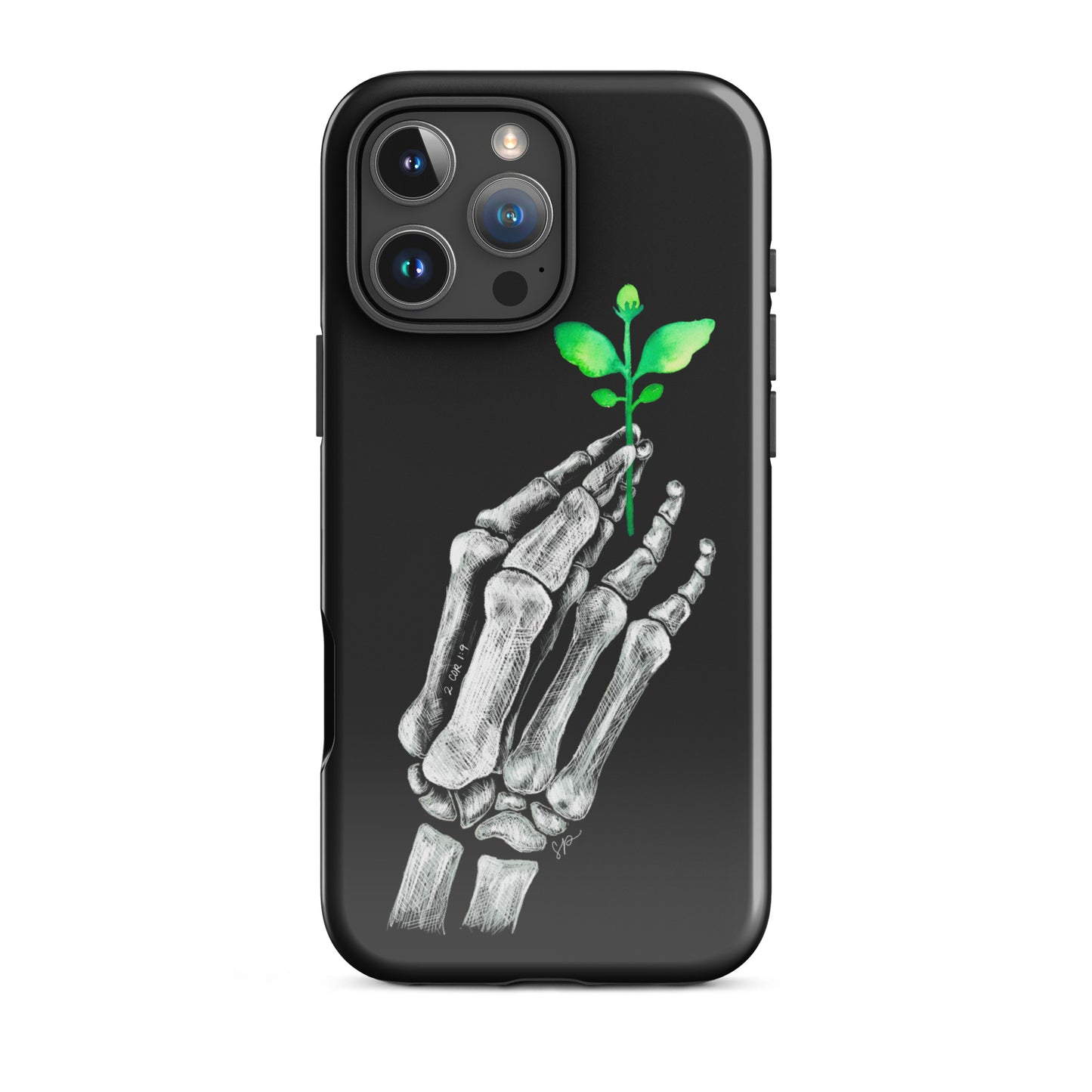 Back image of black background phone case with white skeleton hand holding a green plant. 