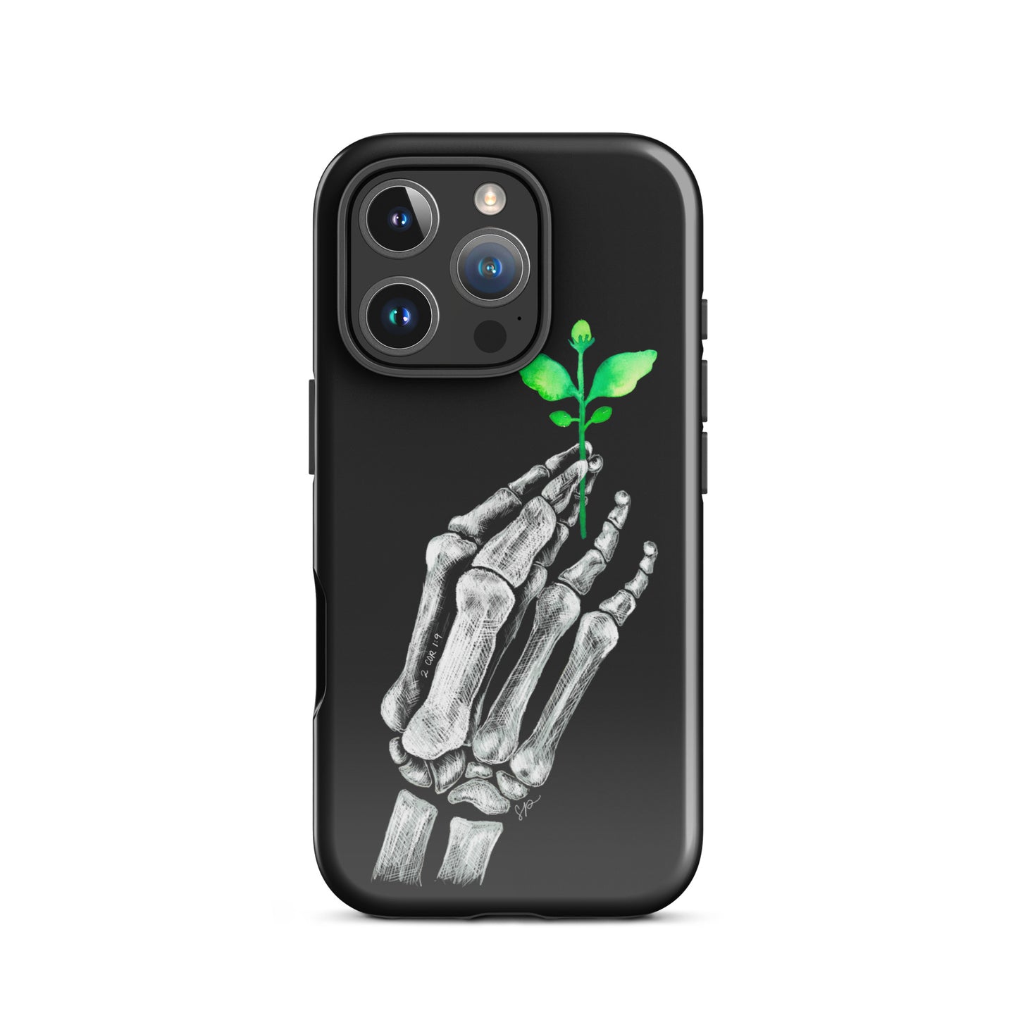Back image of black background phone case with white skeleton hand holding a green plant.