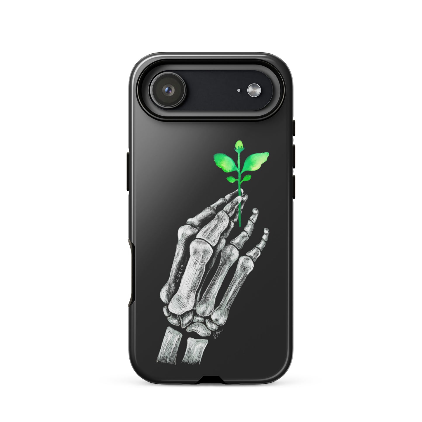 Back image of black background phone case with white skeleton hand holding a green plant.