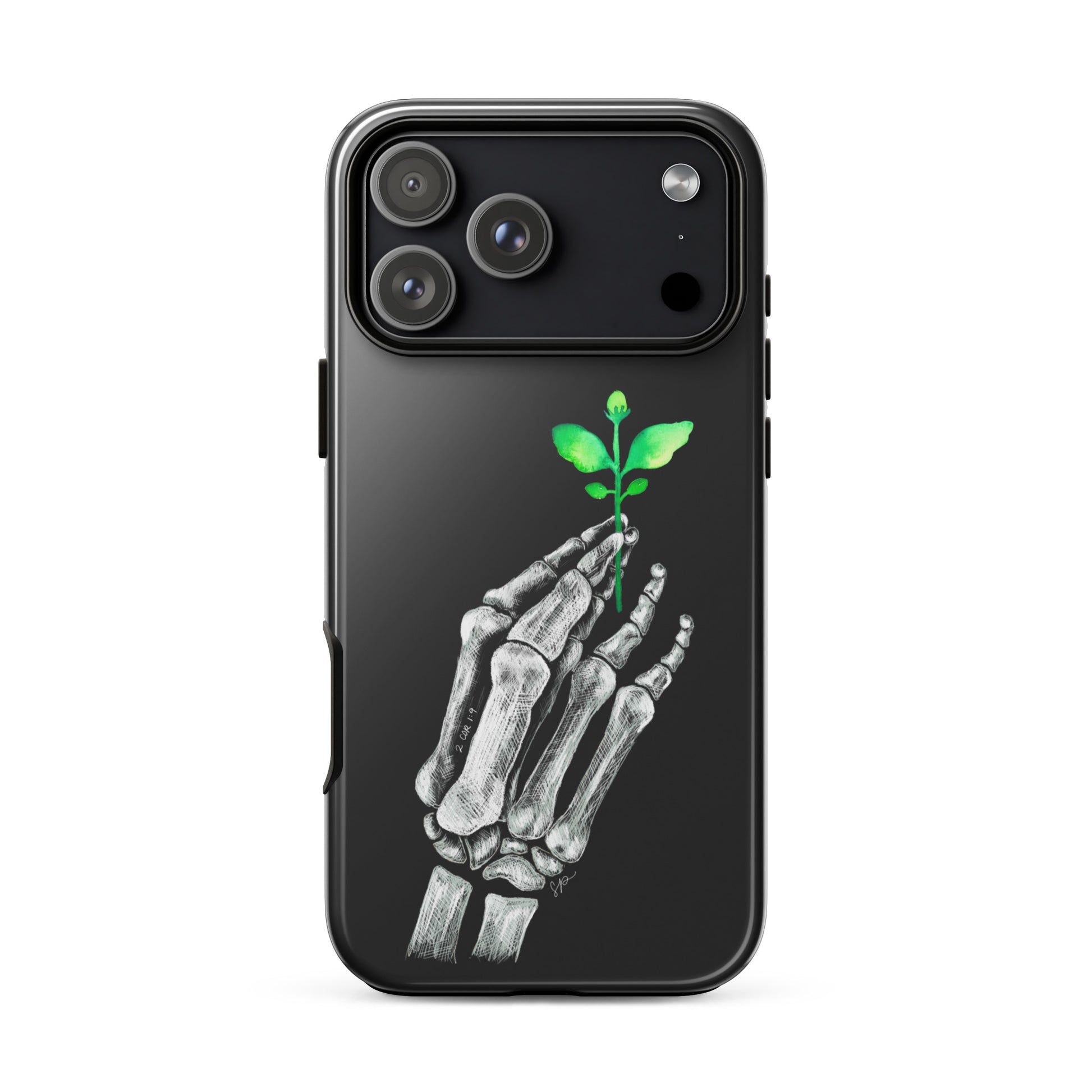 Back image of black background phone case with white skeleton hand holding a green plant. 