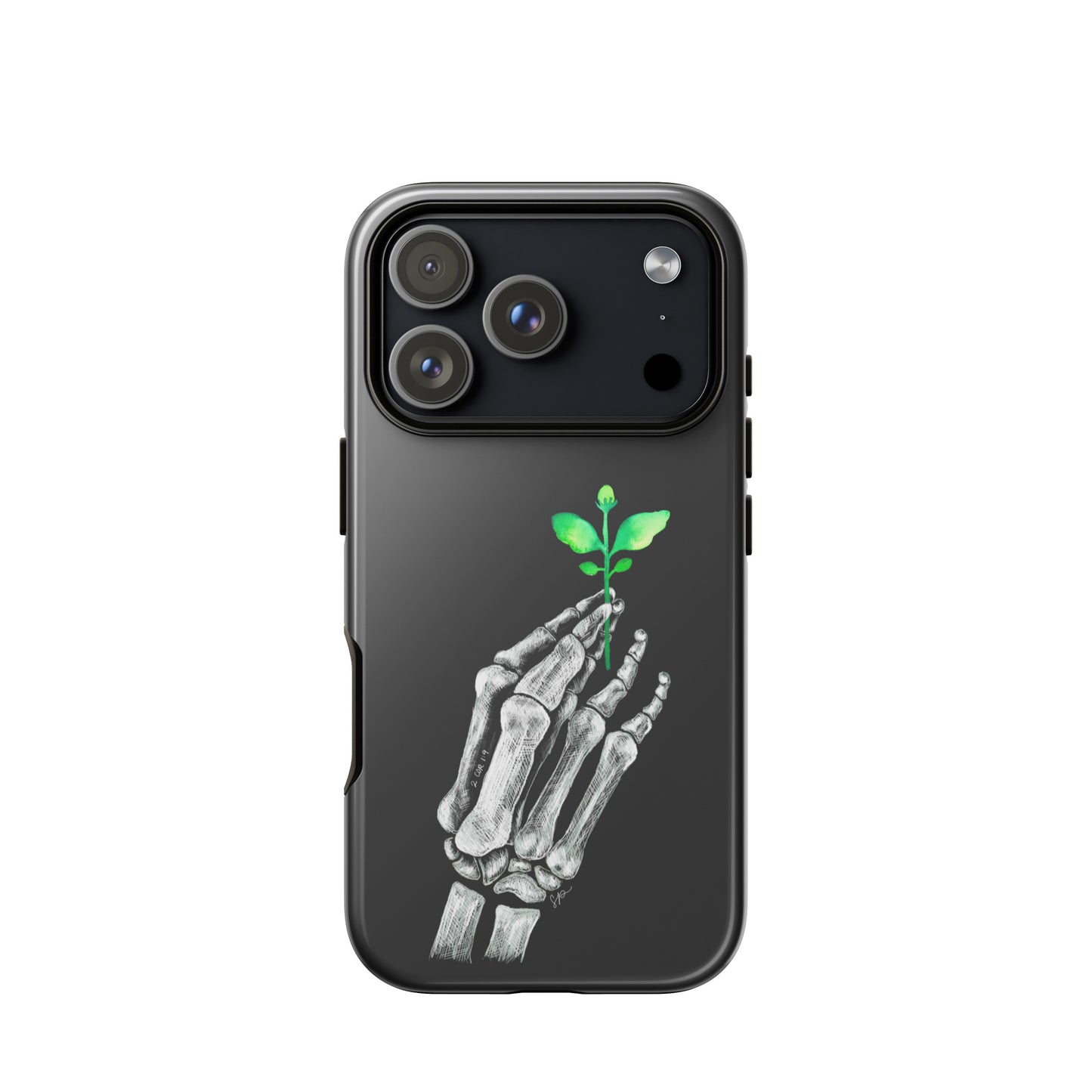 Back image of black background phone case with white skeleton hand holding a green plant.