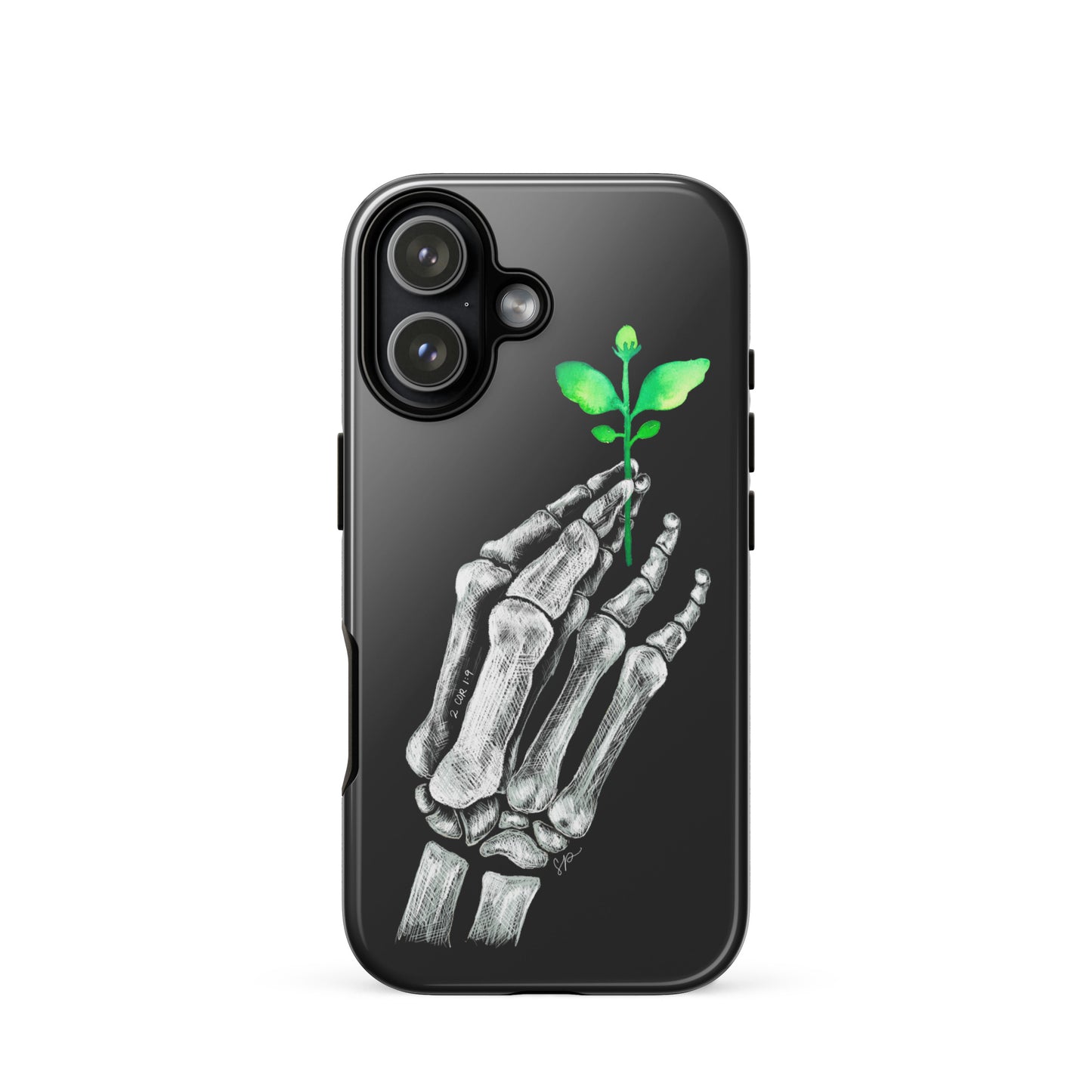 Back image of black background phone case with white skeleton hand holding a green plant.