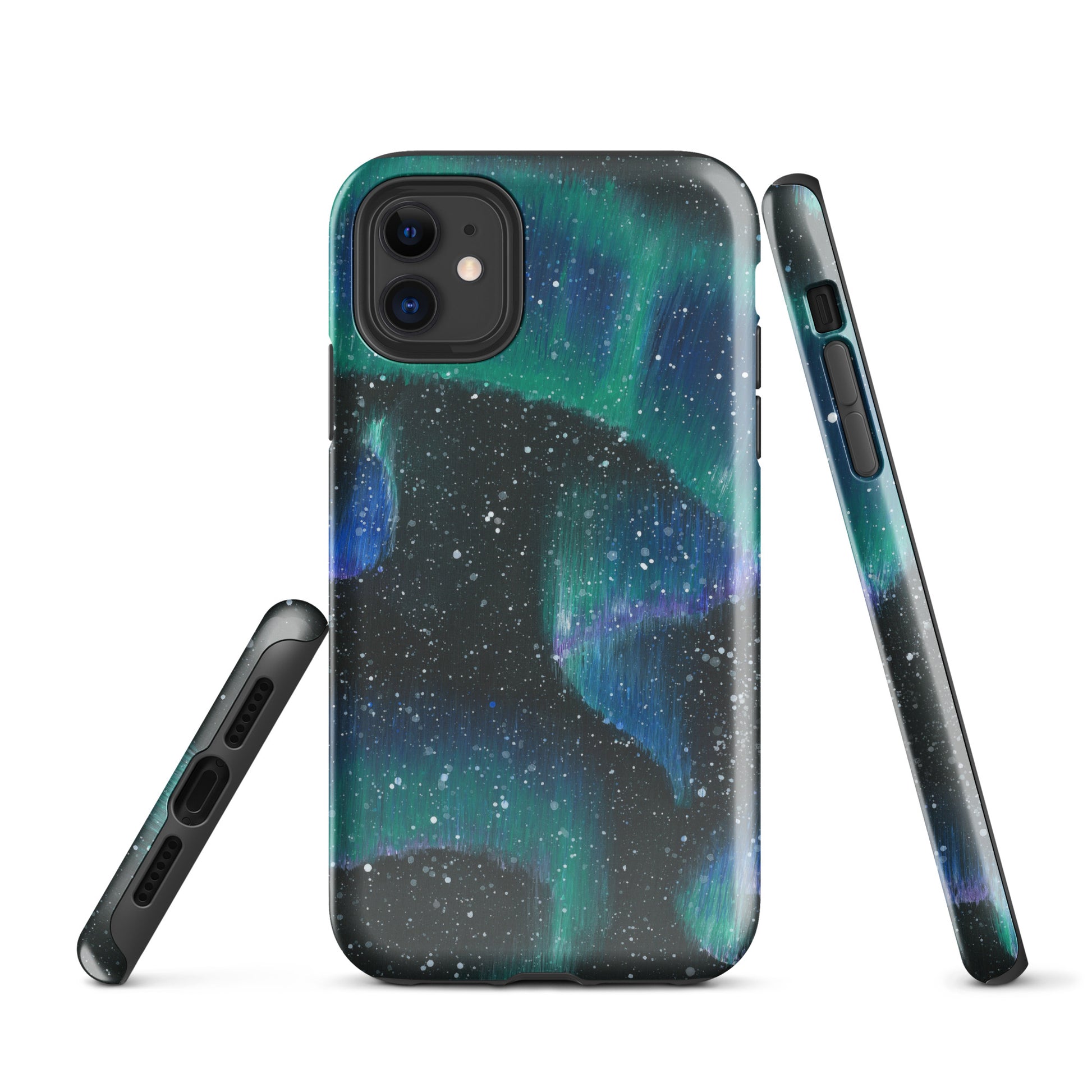Northern lights iPhone case showing bottom ports and side buttons