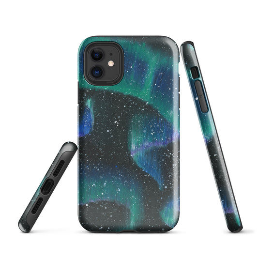 Northern lights iPhone case showing bottom ports and side buttons