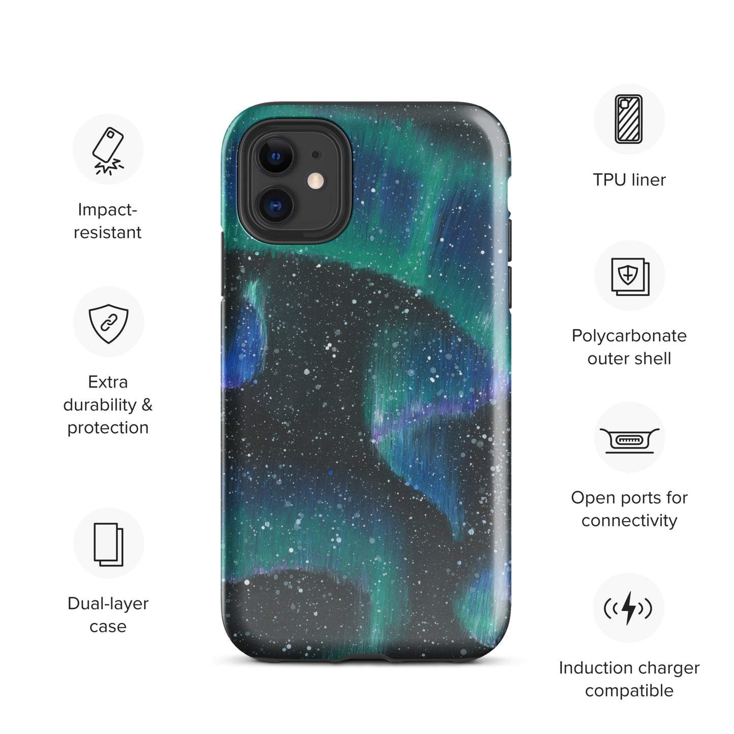 Northern lights iPhone case specs including impact resistant, extra durability, dual layer case, TPU liner, polycarbonate outer shell, open ports for connectivity, induction charger compatible